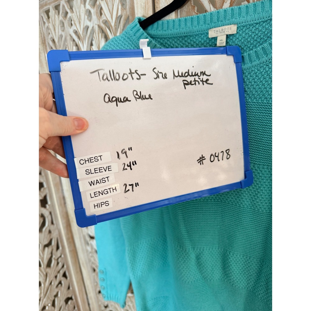 Talbots Aqua Blue Mixed Stitch Cotton Sweater Petite Medium Long Sleeve Button - Picture 6 of 6